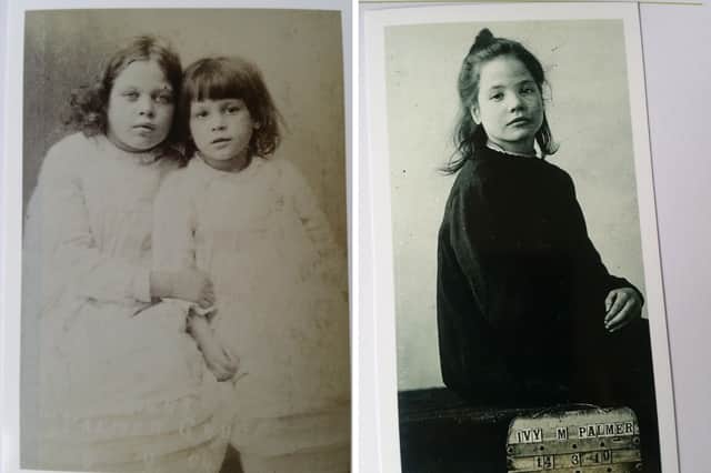 Barnardo’s admission photos - left, Florence aged nine with Elsie, five, and right Ivy, 10 
