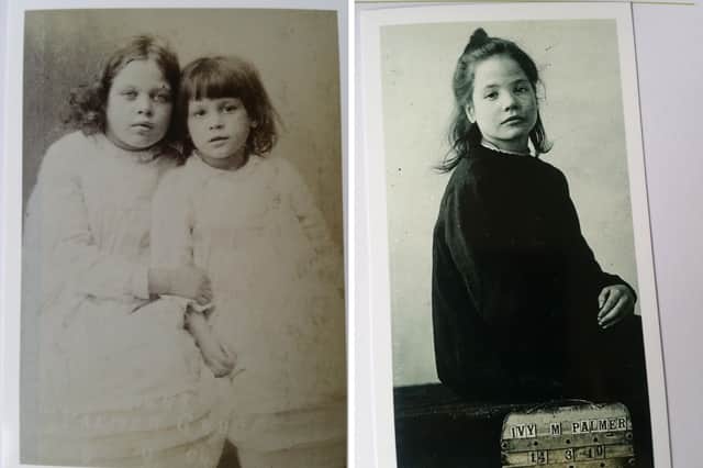Barnardo’s admission photos - left, Florence aged nine with Elsie, five, and right Ivy, 10