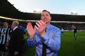 Former Plymouth boss Derek Adams celebrates play-off victory over Pompey in 2016