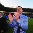 Former Plymouth boss Derek Adams celebrates play-off victory over Pompey in 2016