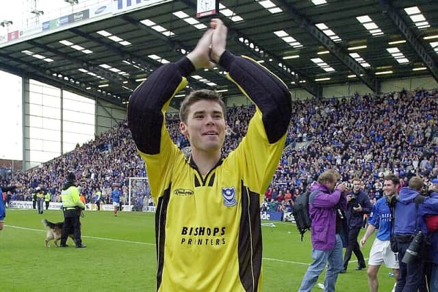 Aaron Flahavan celebrates after Pompey beat Barnsley to stay up in May 2001. Picture: Malcolm Wells