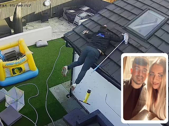 Thomas Leather, 29, was trying to clean the skylight in his home extension - when he started slipping down the tiles - and fell off the roof.

The dad-of-one – who works as a roofer – luckily escaped without any major injuries.

But wife Helen, 28, who says she’d just asked him to do ‘one job’, says he walked away with bruised pride.

Pictures: SWNS