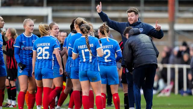 Jay Sadler issues intructions to his team during a break in play in the Bournemouth v Pompey Women Hampshire Cup game