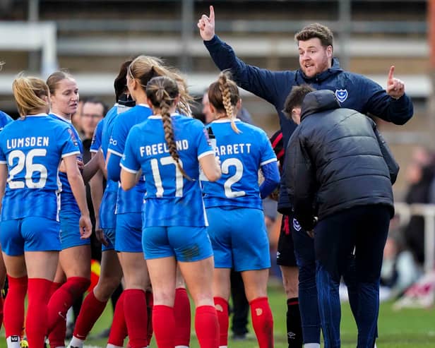 Jay Sadler issues intructions to his team during a break in play in the Bournemouth v Pompey Women Hampshire Cup game