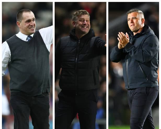 From left to right: Martin Allen, Karl Robinson and Steven Schumacher have all been helping Pompey boss John Mouisinho.
