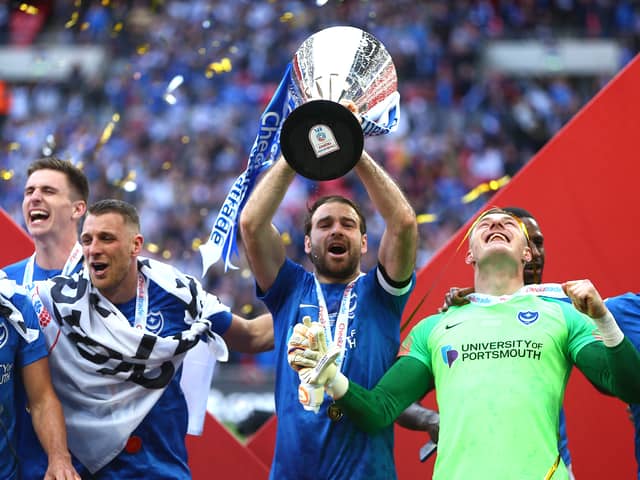 Pompey celebrate their Trophy win in 2019 over Sunderland at Wembley. Pic: Getty