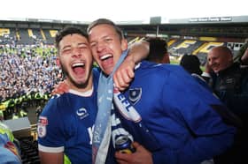 Carl Baker and Conor Chaplin celebrate promotion at Notts County in April 2017. Picture: Joe Pepler