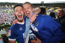 Carl Baker (right) and Conor Chaplin celebrate promotion at Notts County in April 2017. Picture: Joe Pepler