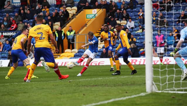 Carl Baker scores Pompey's winner in a 1-0 victory at Mansfield in April 2017. Picture: Joe Pepler