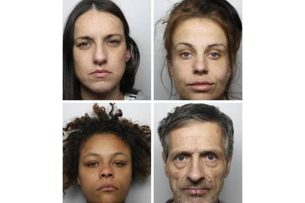 Shocking CCTV footage shows shameless shoplifters stealing £300 worth of Lego by hiding them in carry bags at a supermarket self-checkout area. They are among a light-fingered four who have been jailed - clockwise from top left, Yasmin Leech, Emma Fraser, Shaun Fitzgerald and Shakita Maximilian 
