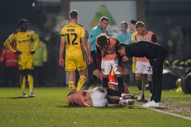 Colby Bishop had to go off with an ankle injury during the 2-0 success at Burton. Picture: Jason Brown/ProSportsImages