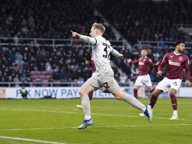 Paddy Lane celebrates his first goal for Pompey at Northampton. Pic: Jason Brown.