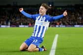 Brighton's Jack Hinshelwood scores against Brentford last night. The teenager is a player with family ties to Pompey. Pic: Getty.