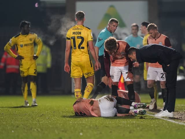 Pompey striker Colby Bishop is out for 'three to four weeks' after being injured at Burton Albion. Pic: Jason Brown