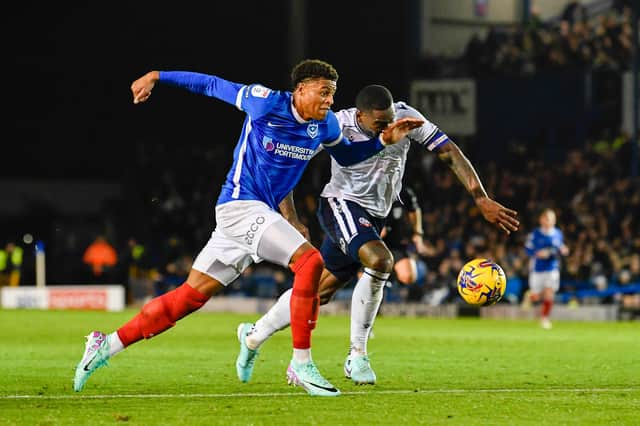 Kusini Yengi gave Ricardo Santos a torrid time in Pompey's 2-0 victory over Bolton. Picture: Graham Hunt/ProSportsImages
