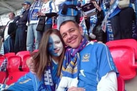 Rebecca with her dad at Wembley for Pompey's 1-0 FA Cup final win over Cardiff in 2008.