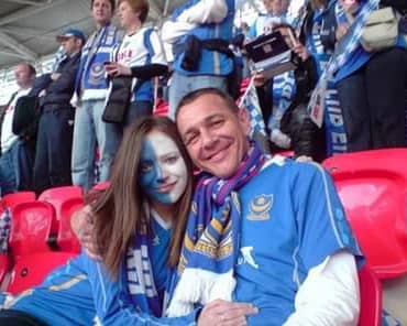 Rebecca with her dad at Wembley for Pompey's 1-0 FA Cup final win over Cardiff in 2008.