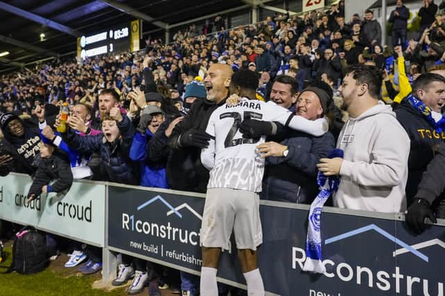 Abu Kamara celebrates his second goal in Saturday's 3-0 success at Shrewsbury. Picture: Jason Brown/ProSportsImages