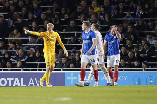Ryan Schofield blames his wall after Pompey fall 4-1 behind to AFC Wimbledon. Picture: Jason Brown/ProSports\Images 