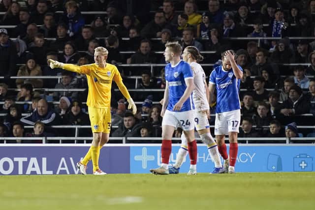 Ryan Schofield blames his wall after Pompey fall 4-1 behind to AFC Wimbledon. Picture: Jason Brown/ProSports\Images 
