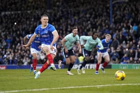 Pompey's Colby Bishop scores from the spot against Fleetwood in League One today at Fratton Park. Pic: Jason Brown.