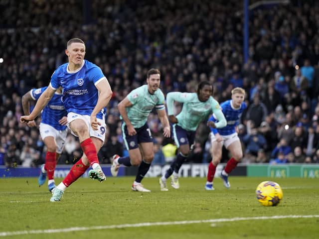 Pompey's Colby Bishop scores from the spot against Fleetwood in League One today at Fratton Park. Pic: Jason Brown.