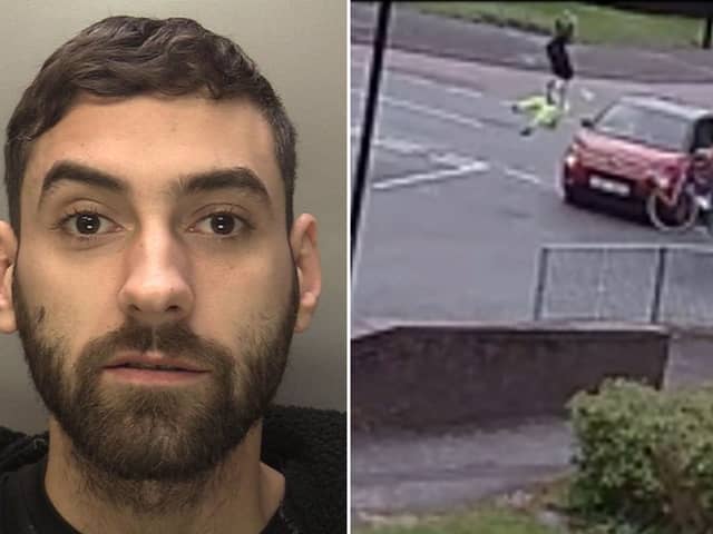 Horrifying CCTV shows the moment an elderly cyclist was sent flying through the air after a reckless driver ploughed into her.

The 71-year-old woman was left with a bleed on the brain after being hit by a Citroen C3 Flair being driven by Thomas Freeman, 29.