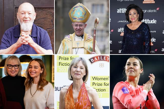 Clockwise from top left, Glastonbury Festival founder Michael Eavis, Archbishop of Canterbury Justin Welby, singer Shirley Bassey, England goalkeeper Mary Earps, novelist Kate Mosse and Game of Thrones actor Emilia Clarke with her mother Jenny. All have been honoured in the New Year list Pictures: PA