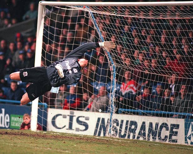Alan Knight sporting The News-sponsored goalkeeper jersey during the Blues' 1996-97 season