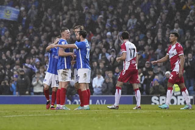 Pompey players celebrate after Colby Bishop nets with a first-half backheel. Picture: Jason Brown/ProSportsImages