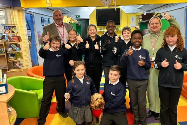 Stamshaw Junior School has received a good Ofsted in its recent inspection. 

Pictured: Back left to right -  Rob Jones (Headteacher), Frankey Simmonds, Demi Port, Aoife Staley,  Ayu Temilade, Sid Pushman- Viner (head boy), Kofi Oppong, 
Sam Cantini (Deputy Head) Poppy Bray (Head girl)

Seated:  Lydia White, Franklin Roy, Buddy the school dog.