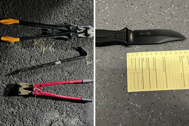 Tools and a weapon were seized at the scene.