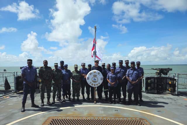 HMS Trent crew alongside military personnel from Guyana. The ship is deployed in the Caribbean to tackle drug smuggling. Picture: Royal Navy