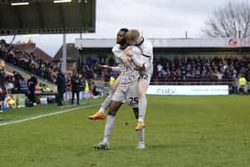 Abu Kamara celebrates his Pompey goal at Fleetwood. Pic: Jason Brown