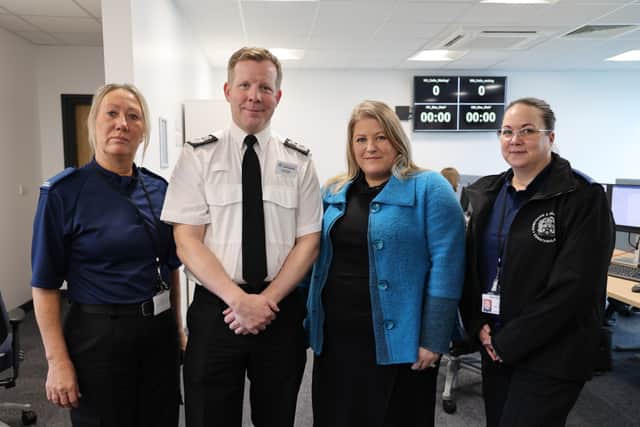 L-R call handler Louisa Mcdonough, Chief Constable Scott Chilton, Hampshire and the Isle of Wight's Police and Crime Commissioner Donna Jones and call handler and Laura Markwick.