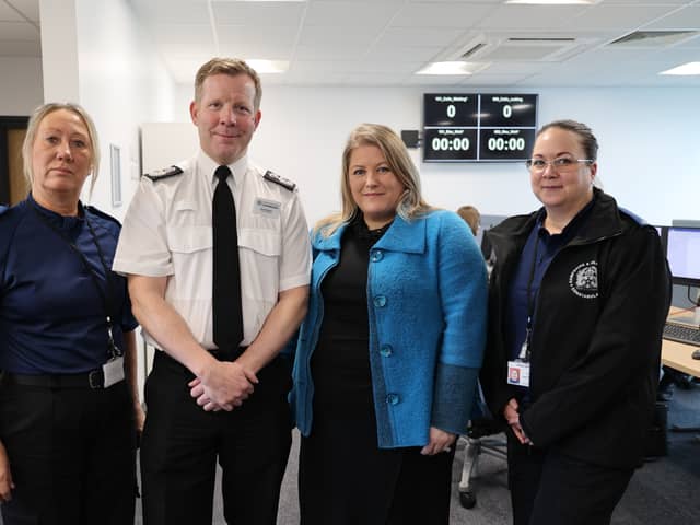 L-R call handler Louisa Mcdonough, Chief Constable Scott Chilton, Hampshire and the Isle of Wight's Police and Crime Commissioner Donna Jones and call handler and Laura Markwick.