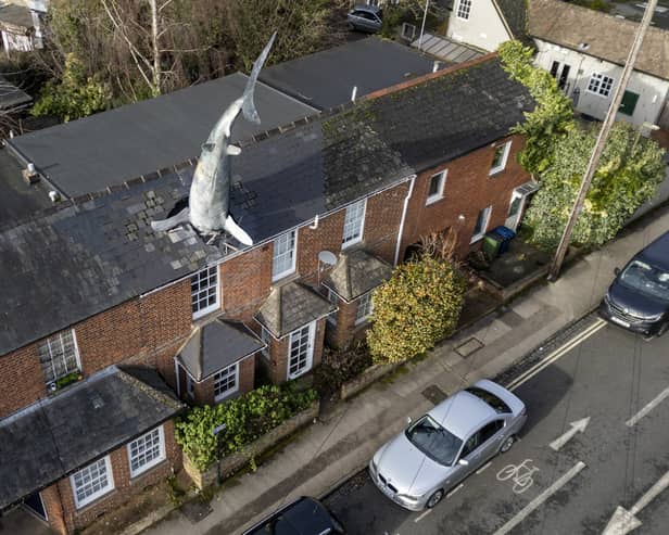 The owner of a world-famous house with a 25ft shark sticking out of the roof has been banned from renting it out on Airbnb Picture: Tom Wren / SWNS