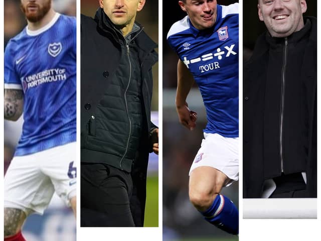 From left to right: Connor Ogilvie, John Mousinho, George Edmundson and Rich Hughes all form part of the current defender transfer narrative for Pompey. 