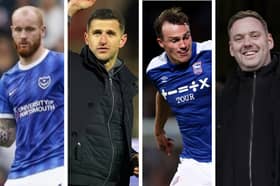 From left to right: Connor Ogilvie, John Mousinho, George Edmundson and Rich Hughes all form part of the current defender transfer narrative for Pompey. 