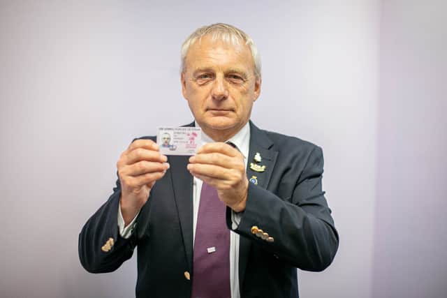 Pictured: Veteran, David Atkinson at HMS Sultan, Gosport, with his newly printed ID card. Picture: Habibur Rahman