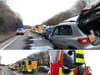 Car falls off trailer truck and hits vehicles causing fuel spillage
