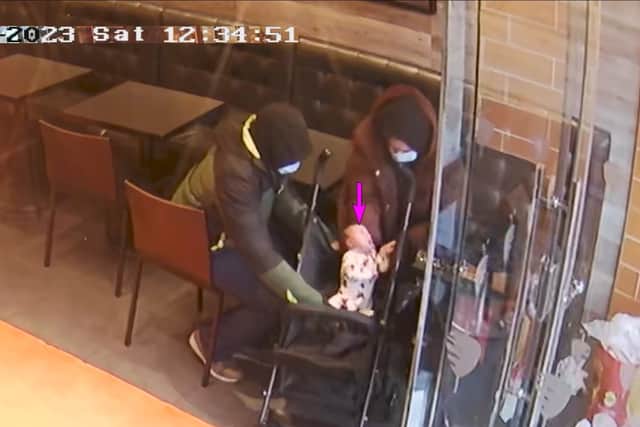 
CCTV footage of Constance Marten, Mark Gordon and baby Victoria in a German doner kebab shop in East Ham , London, which was shown in court during their trial. Pic: PA


