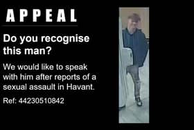 The police have realesed an image of a man they would like to speak to after another
man was touched inappropriately over his clothing in a fast food
restaurant in Havant.