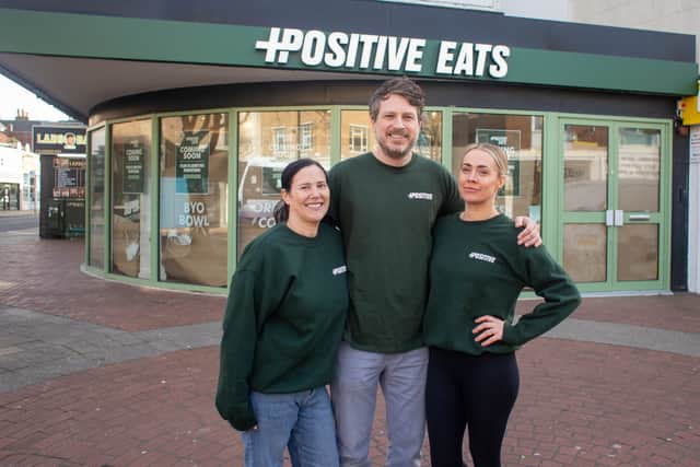 Positive Eats will be opening a new store and restaurant in Southsea 

Pictured: Owners Laurence and Lindey Groves with manager, Amy Ingrim (left) outside their new restaurant in Palmerston Road, Southsea on Thursday 1st of February 2024

Picture: Habibur Rahman