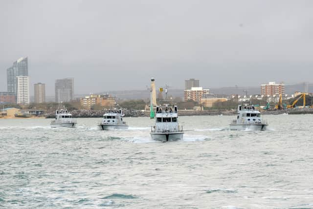 HMS Biter, Blazer, Exploit and Trumpeter sailing in Portsmouth.