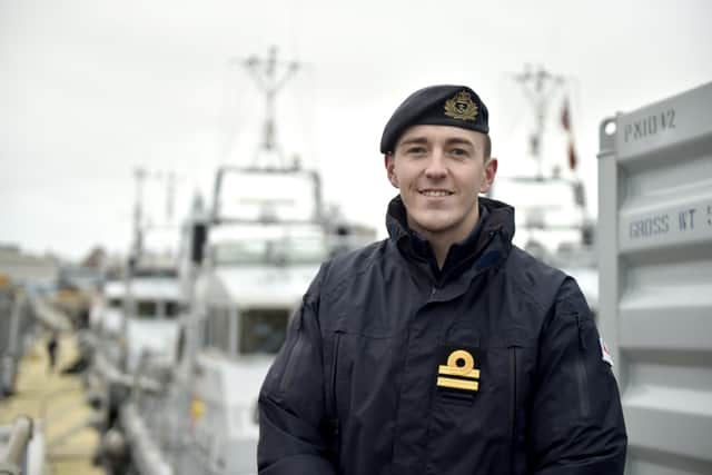 Pictured is: Lieutenant Cameron Osborn (25) captain of Portsmouth based patrol vessel HMS Exploit. Picture: Sarah Standing (050224-6417)