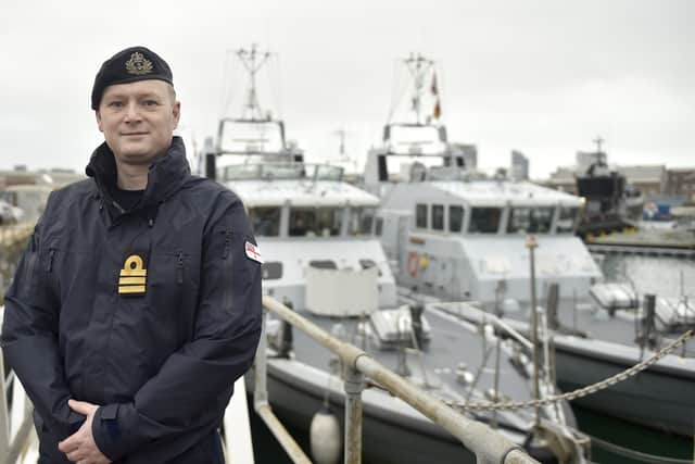 Pictured is: Commander Rich Skelton (41) Coastal Squadron Commander with 18 years of Royal Navy experience. Picture: Sarah Standing (050224-6414)