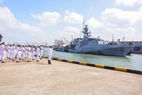 A Sri Lankan naval band welcomes HMS Spey to Colombo . The Sri Lankan navy looks set to join a task force which protects the Red Sea.