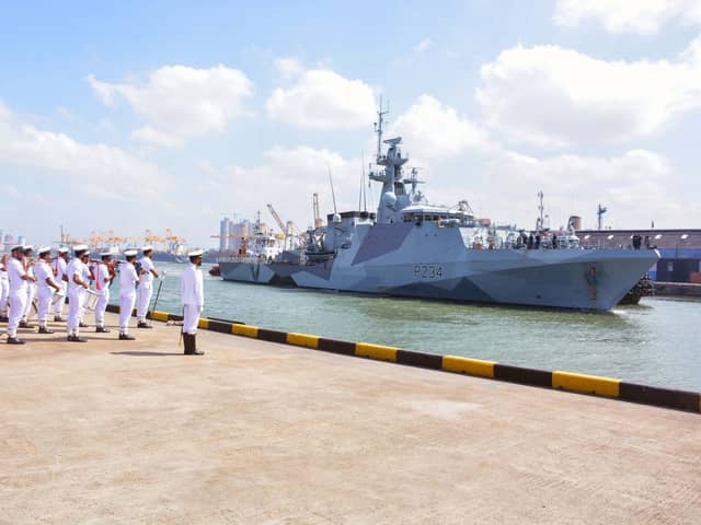 A Sri Lankan naval band welcomes HMS Spey to Colombo . The Sri Lankan navy looks set to join a task force which protects the Red Sea.
