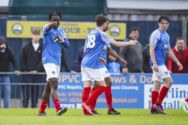 Destiny Ojo celebrates scoring in Pompey's 3-1 win over Gosport in a July 2023 pre-season friendly. Picture: Jason Brown/ProSportsImages